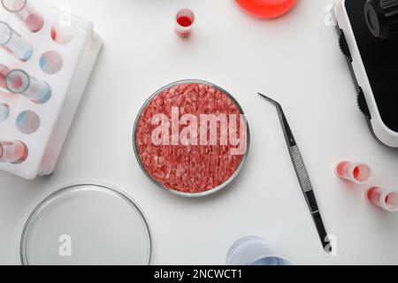 Échantillon de viande de culture hachée sur une table de laboratoire blanche, à plat Banque D'Images