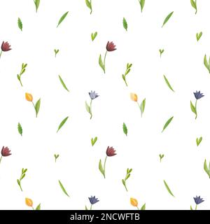 Motif aquarelle avec tulipes de différentes couleurs et lames vertes d'herbe sur fond blanc. Il est adapté à l'impression, l'emballage, la vaisselle, Banque D'Images