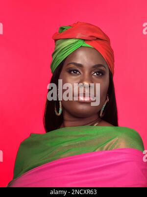 Habillée comme la princesse elle est. Photo studio d'une belle jeune femme portant une tenue culturelle et des bijoux sur fond rose. Banque D'Images