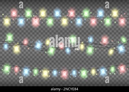 Guirlande de Noël multicolore et réaliste sur fond transparent. Guirlande lumineuse avec lumières et lumières étincelantes Illustration de Vecteur