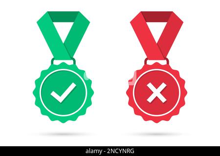 Motif à carreaux et médaillés croisés dans un modèle plat. Badge de médaille vert approuvé et rouge rejeté avec ombre. Ensemble d'icônes de médailles certifiées. Illustration vectorielle Illustration de Vecteur
