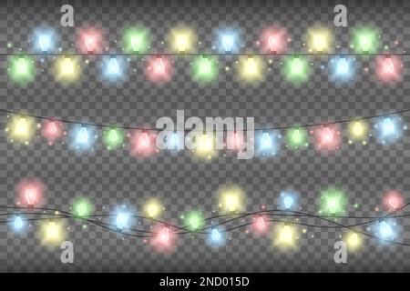 Guirlande de Noël multicolore et réaliste sur fond transparent. Guirlande lumineuse avec lumières et lumières étincelantes Illustration de Vecteur