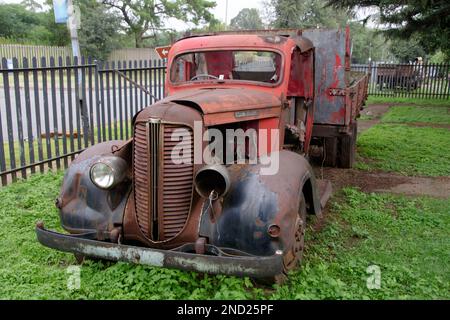 Épave de camion rouge international antique dans un champ herbacé avec une clôture de piquet d'un côté. Banque D'Images