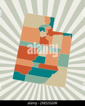 Carte de l'Utah. Affiche avec carte de l'état américain dans la palette de couleurs rétro. Forme de l'Utah avec fond de rayons de soleil. Illustration vectorielle. Illustration de Vecteur