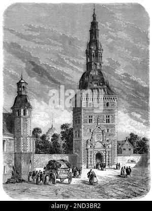 Tour d'entrée du château de Frederiksborg (c Ou) Résidence royale, Château de la Renaissance ou Château et maintenant le Musée danois d'histoire nationale, Hillerod Danemark. Gravure ancienne ou illustration 1862 Banque D'Images