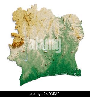 Côte d'Ivoire. Rendu 3D très détaillé de la carte de relief ombré avec les rivières et les lacs. Coloré par élévation. Créé avec des données satellite. Banque D'Images