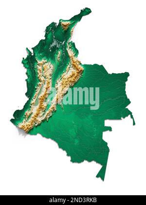Colombie. Rendu 3D très détaillé de la carte de relief ombré avec les rivières et les lacs. Coloré par élévation. Créé avec des données satellite. Banque D'Images