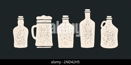 Jeu de flacons. Bouteilles de collecte pour vodka, gin, bourbon, vin de verre de silhouette, bière, whisky et liqueur, brandy, rhum, bouteille de différents types. Imprimé graphique pour bar, pub. Illustration vectorielle Illustration de Vecteur