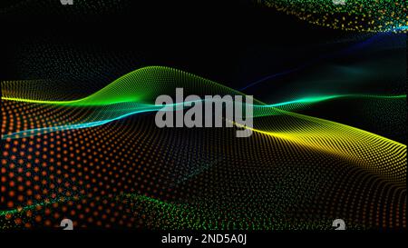 Les particules dynamiques émettent des ondes sonores dans l'obscurité. Courbes de points graphiques en demi-ton. Structure de connexion. Des lumières floues vectorisent un arrière-plan abstrait. Banque D'Images