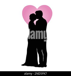 Couple dans la silhouette d'amour, l'icône de vecteur plat, le logo, la mariée et le dessin de contour de marié. les hommes et les femmes épris se regardant dans le cœur rose Illustration de Vecteur