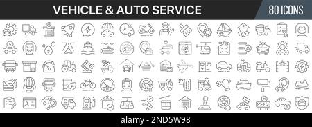 Collection d'icônes de gamme de véhicules et d'entretien automatique. Grande icône d'interface utilisateur dans un design plat. Pack d'icônes de contour fin. Illustration vectorielle EPS10 Illustration de Vecteur