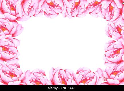 Dessin à la main Aquarelle rose pivoine fleurs cadre sur fond blanc. Scrapbook design, invitation de mariage, étiquette, bannière, carte postale Banque D'Images