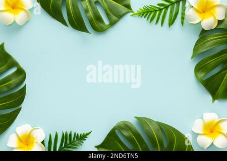 Arrière-plan d'été avec fleurs tropicales frangipani et feuilles vertes de palmier tropical sur fond clair. Plan d'agencement, vue de dessus. Toile de fond de la fête d'été Banque D'Images