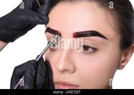 Esthéticienne appliquant la teinte pendant la procédure de correction des sourcils sur fond blanc, gros plan Banque D'Images