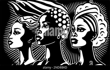 Belle et tendance noir et blanc linocut pop art ou coloriage page d'une femme afro-américaine Illustration de Vecteur