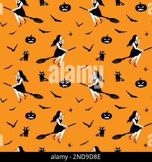 Sorcière volant sur un balai avec des chauves-souris effrayantes, des araignées, des chats et des citrouilles. Illustration vectorielle sans couture Happy Halloween Illustration de Vecteur