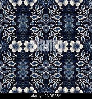 Toile de fond rétro en tissu à motifs indigo floral bandana 2 tons. Denim bleu boho sans couture. Papier peint masculin de mode. Banque D'Images