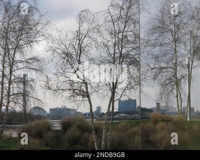 Vue à travers les grands arbres en descendant la rivière Clyde en direction de l'Armadillo, comme vu dans les réflexions dans une fenêtre panoramique au musée des transports Banque D'Images