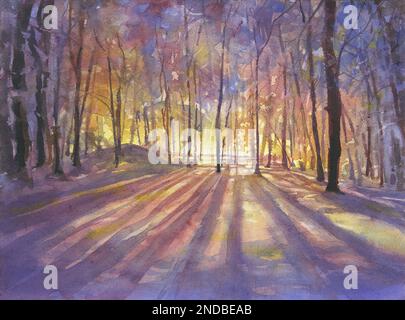 Peinture d'aquarelle de paysage. Des arbres détourés au coucher du soleil forêt colorée aquarelle peinture décoration maison Banque D'Images