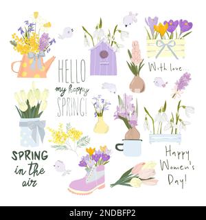 Ensemble de dessins animés avec bouquets de fleurs fraîches de printemps et oiseaux Illustration de Vecteur