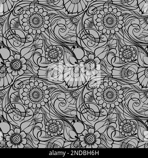 motif fleuri sans couture, motifs orientaux, motif floral noir sur fond gris, texture, fond Banque D'Images