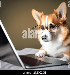 Cardigan Welsh Corgi portant des lunettes et regardant l'ordinateur portable ps 10 Banque D'Images