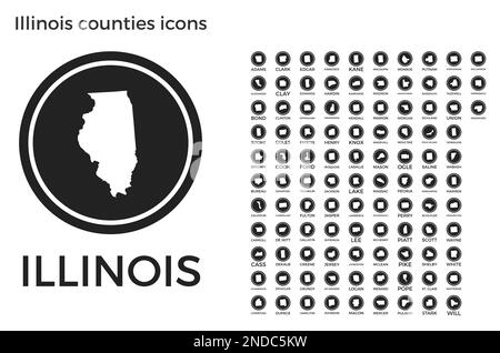 Icônes des comtés de l'Illinois. Logos ronds noirs avec les cartes et titres des comtés de l'État. Illustration vectorielle. Illustration de Vecteur