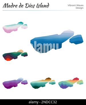 Ensemble de cartes vectorielles de l'île Madre de Dios. Motif vagues éclatantes. Carte lumineuse dans un style de courbes lisses géométriques. Illustration de Vecteur