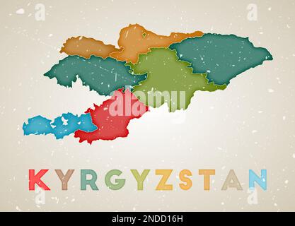 Carte du Kirghizistan. Affiche pays avec régions de couleur. Ancienne texture de grunge. Illustration vectorielle du Kirghizistan avec le nom du pays. Illustration de Vecteur