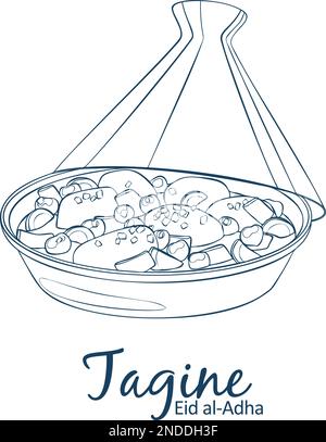 Tagine avec viande de poulet et légumes icône. Illustration de la nourriture vectorielle de dessin animé. Illustration linéaire dessinée à la main sur fond blanc Illustration de Vecteur