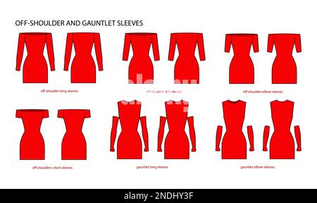 Ensemble de manches longues, courtes, coudes, 3-4 longueurs, illustration technique de la mode avec corps ajusté. Modèle de vêtements plats à l'avant et à l'arrière. Femmes, hommes unisex CAD maquette Illustration de Vecteur