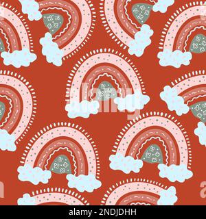 Illustration dessin animé sans couture motifs arcs-en-ciel rose brun sur fond orange. Illustration de haute qualité Banque D'Images