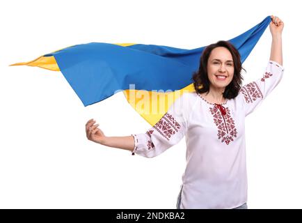 Femme heureuse avec drapeau de l'Ukraine sur fond blanc Banque D'Images