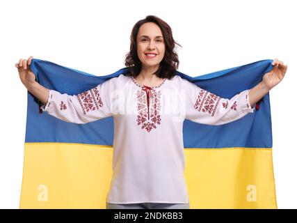 Femme heureuse avec drapeau de l'Ukraine sur fond blanc Banque D'Images
