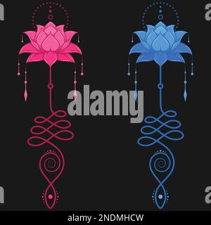 Lotus Flower Vector Design avec symbole hindou unalome, symbole yoga et induisme, motifs de fleurs de lotus pour tatouage Illustration de Vecteur