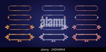 Cadres rectangulaires vides de style médiéval pour la conception d'une interface utilisateur de jeu. Ensemble de dessins animés vectoriels d'éléments d'interface utilisateur avec bronze doré argenté fleuri fleurissent b Illustration de Vecteur