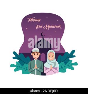 Illustration conception plate du couple de l'Islam, Happy Eid Mubarak - cadre islamique conception d'illustrations vectorielles. Illustration de Vecteur