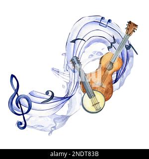 Fente d'aigus, notes musicales et illustration d'aquarelle de banjo en blanc. Instruments de musique à cordes, guitare tirée à la main. Design pour flyer de fête, concert Banque D'Images