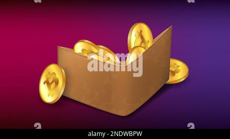 Portefeuille en cuir brun isométrique rempli de pièces de monnaie en Bitcoin BTC dorées sur fond violet. Illustration vectorielle. Banque D'Images