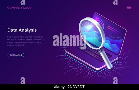 Analyse des données, optimisation des moteurs de recherche ou illustration vectorielle de concept isométrique SEO. Grande loupe et ordinateur portable ouvert avec graphiques et graphiques à l'écran, technologie d'entreprise bannière ultraviolet Illustration de Vecteur