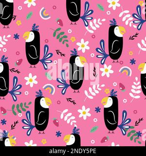 Motif sans couture avec oiseaux tropicaux, plantes et fleurs. Style dessin animé plat Illustration de Vecteur