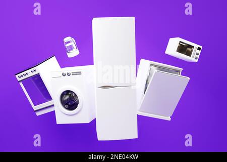 Appareils. Ensemble d'appareils ménagers de cuisine isolés sur violet. Réfrigérateur, cuisinière électrique, lave-vaisselle et lave-linge. 3d illustration Banque D'Images