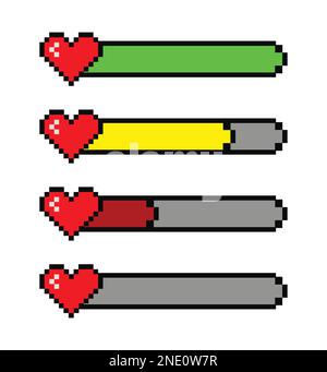 Illustration du vecteur de jeu de barres de durée de vie de cœur de pixel. Cœur en 8 bits. Icônes de jeu de pixels de style rétro. Illustration de Vecteur