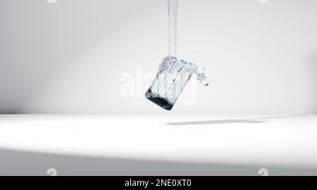 Illustration 3D d'un verre incliné avec de l'eau de remplissage sur un Levant dans l'air Banque D'Images