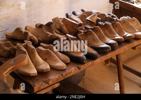 Ancien atelier de cobbler avec des moules en bois de chaussures bordées d'affilée à Lublin, en Pologne Banque D'Images