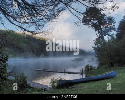 Faites du kayak sur le lac Tquinquilco avec la brume qui s'échappe de l'eau. Parc national de Huerquehue, Chili Banque D'Images