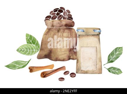 Composition aquarelle dessinée à la main avec du papier à café et des sacs de jute, des haricots, des feuilles, des épices à la cannelle. Isolé sur fond blanc. Pour les invitations, café Banque D'Images