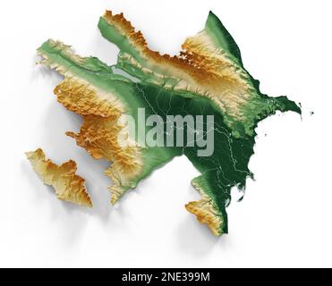 Azerbaïdjan. Rendu 3D très détaillé de la carte de relief ombré avec les rivières et les lacs. Coloré par élévation. Créé avec des données satellite. Banque D'Images