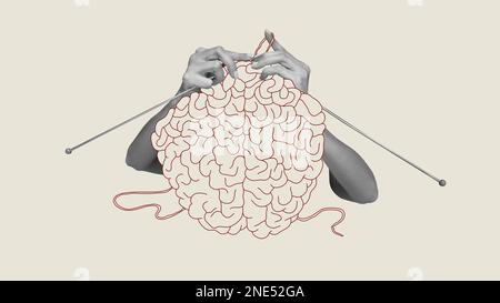 Collage d'art contemporain. Mains humaines tricoter le cerveau. Croissance de la stabilité psychologique et émotionnelle. Conception abstraite Banque D'Images