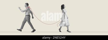Collage d'art contemporain. Jeune femme tenant l'homme sur le fil. Manipulation dans la relation. Contrôle féminin sur l'homme Banque D'Images